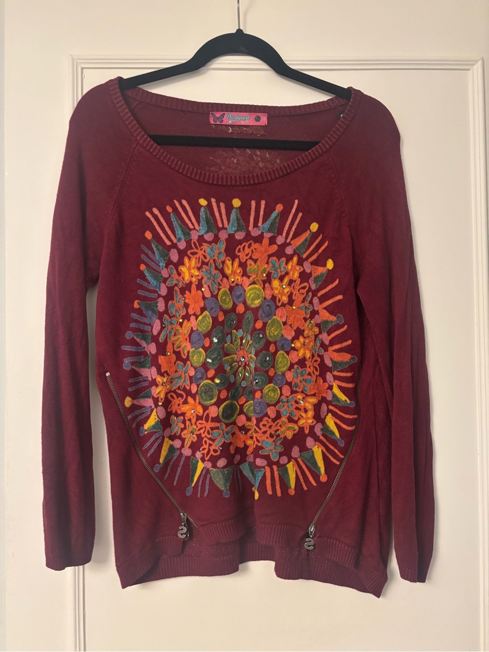 Desigual Maroon Crewneck Sweater with Multicolor Embroidery